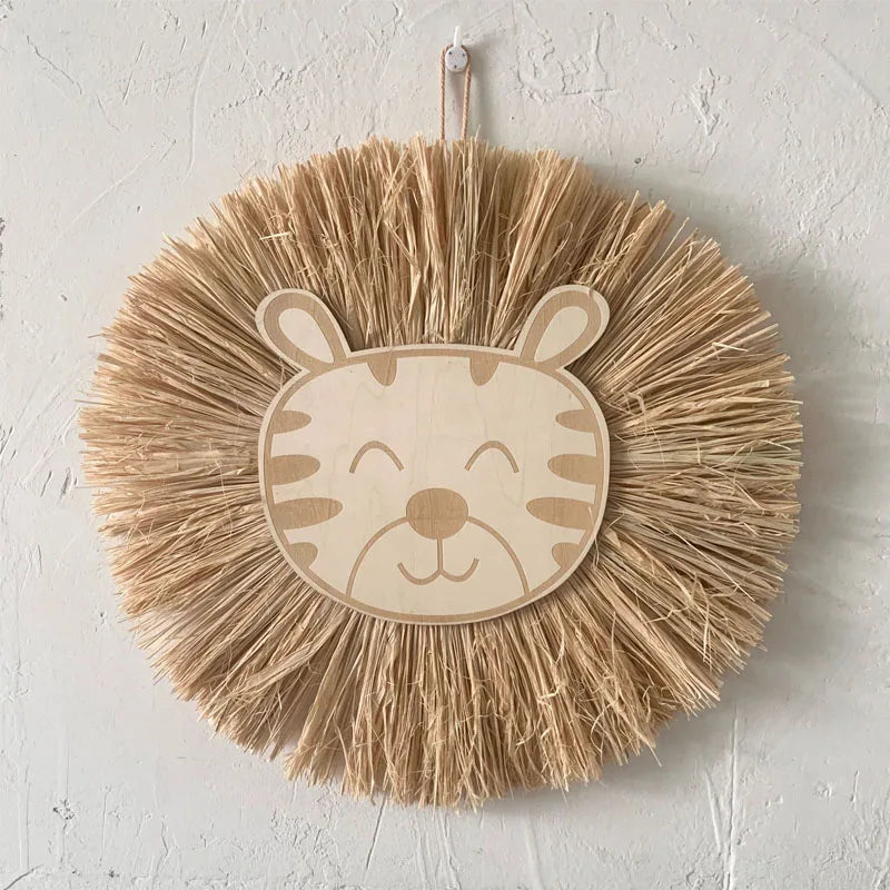 Nordic Nursery Decor Handmade Wood Straw Woven Cartoon Lion Decoration Wall Hanging Ornament for Children's Room Decoration