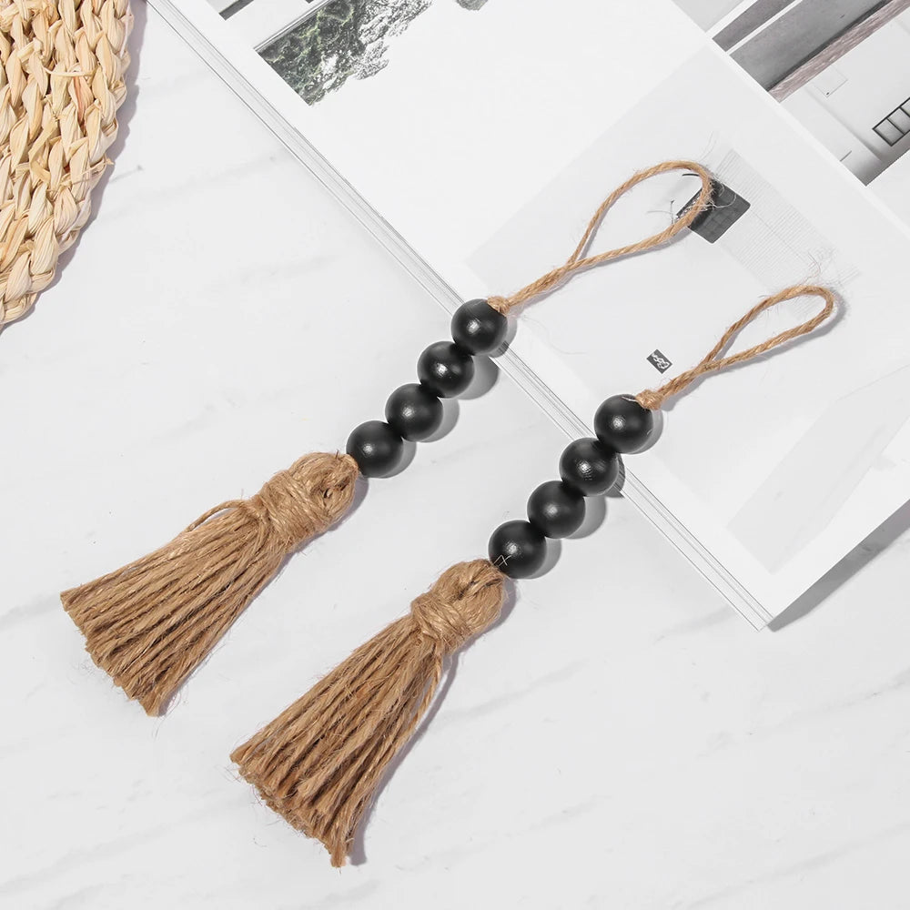Home Decor Wood Bead Closet Pendant With Tassels Clothes Rack Garland Farmhouse Rustic Door Handle Drawer Knob