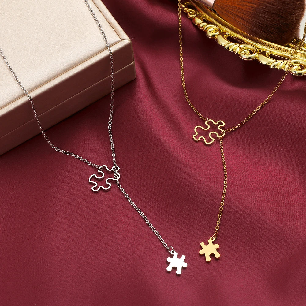 Stainless Steel Necklaces Simple Puzzle Double Accessories Pendant Chain Choker Charm Fashion Necklace For Women Jewelry Gifts