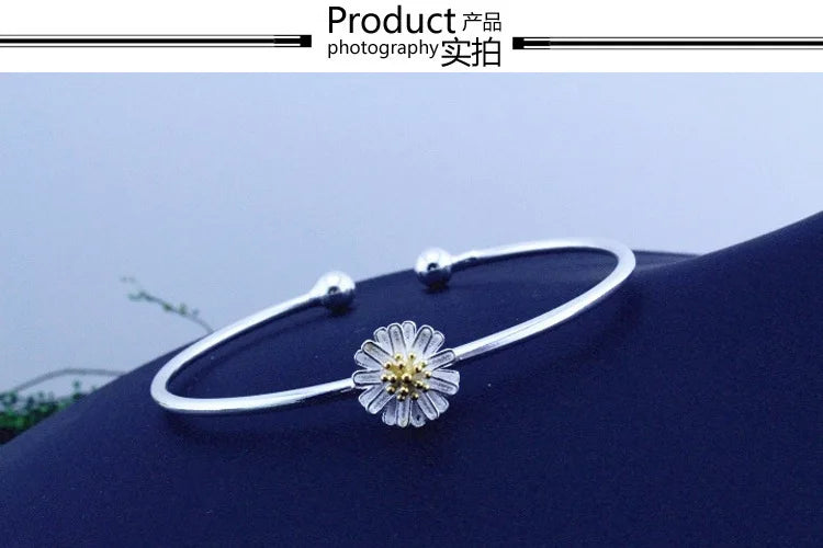 Personality New Art 925 Sterling Silver Jewelry Female Simple Bar sunflower High-quality Popular Open Bracelet