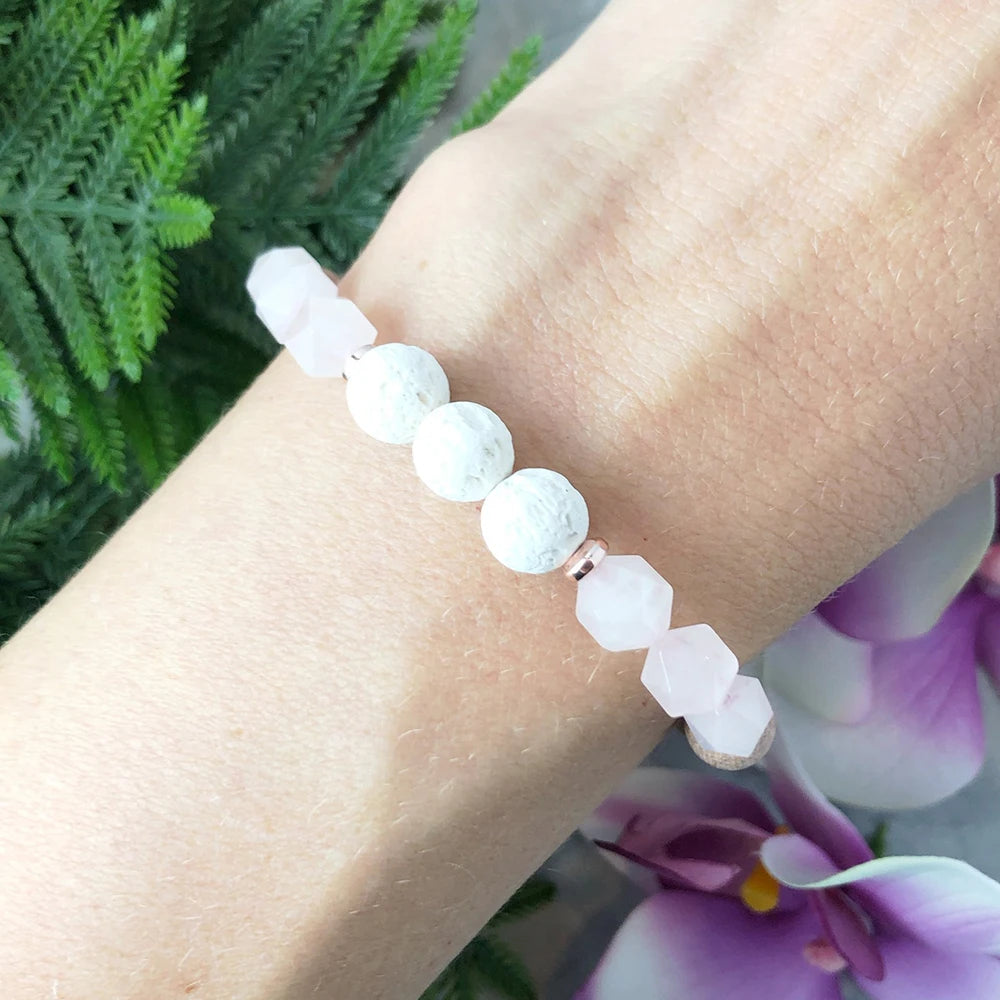 Ruberthen Cutted Rose Quartz Lava Stone Bracelet Natural Rosewood Beaded Bracelet Essential Oil Diffuser Energy Bracelet