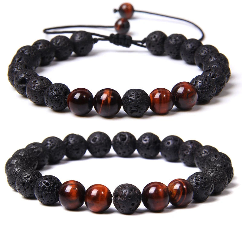 Tejesa 2pcs Men Bracelet 8mm Natual Stone Tiger Eye Beads Bracelet Round Onyx Beaded Adjustable Bracelet Jewelry Women Men