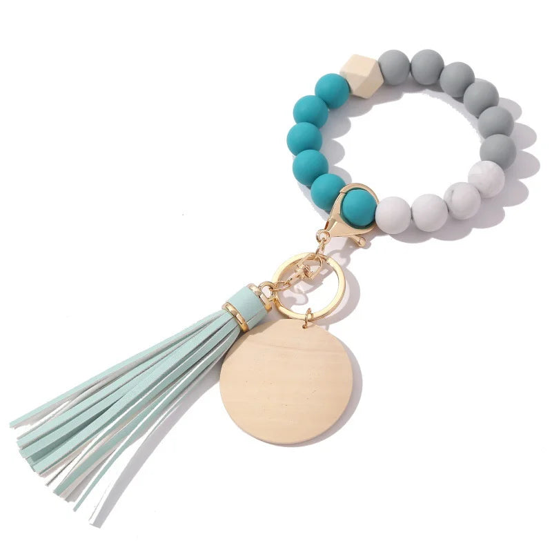 Silicone Keychain With Wood chips Tassel Wood Beads Keyring For Women Multicolor Keychain Charms Fashion Jewelry Accessories New