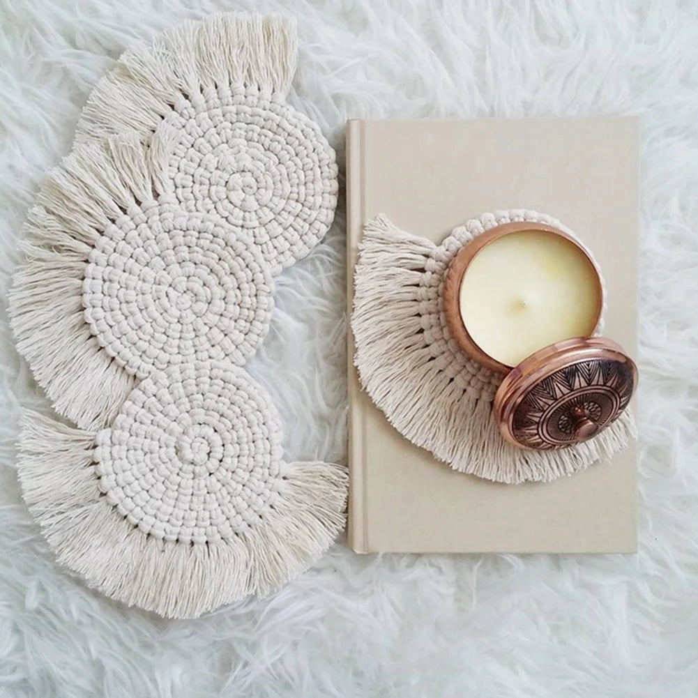 Macrame Placemats Cup Mat Bohemia Tablecloth Coaster Cup Pad Northern Europe Style Pure Handcrafted Cotton Braid Insulation Mats