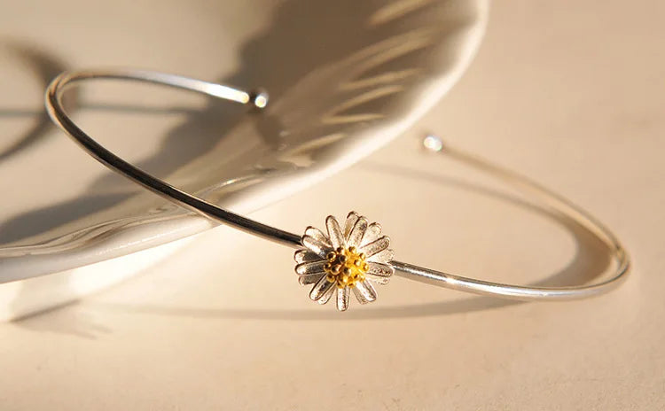 Personality New Art 925 Sterling Silver Jewelry Female Simple Bar sunflower High-quality Popular Open Bracelet