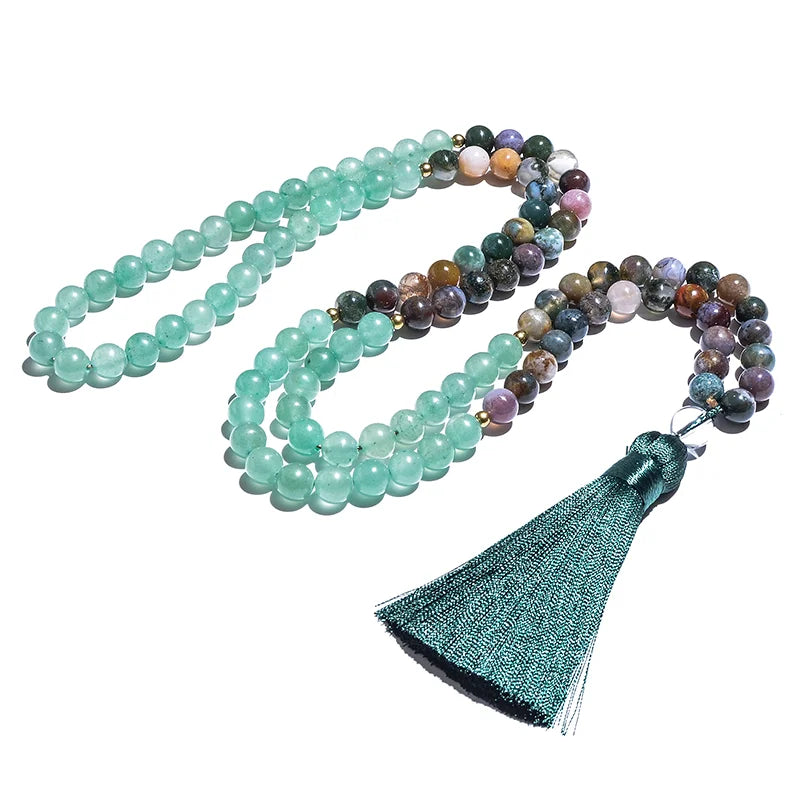8mm Indian Agate Green Aventurine 108 Beads Japamala Necklace Bracelet Set Meditation Yoga Blessing Men and Women Jewelry