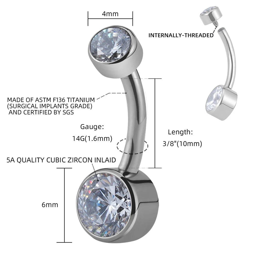 Right Grand ASTM F136 Titanium Belly Button Clear Zircon Bezel Piercing 14G Internally Threaded Navel Ring Body Jewelry