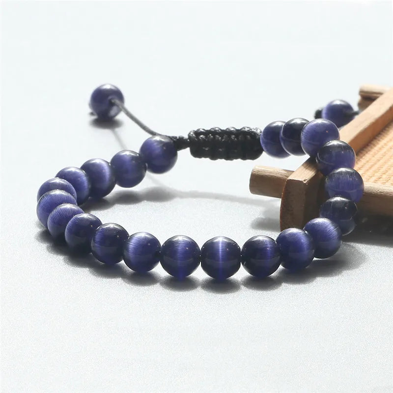 8mm Natural Cat Eye Stone Bracelet Smooth Pink White Beads Handmade Adjustable Bracelets&Bangle Charm Jewelry For Women Men Gift
