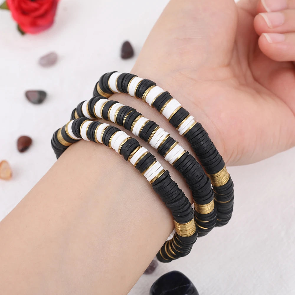 5Pcs Black White Color Polymer Clay Disc Heishi Beads 8mm Gold Copper Sheets Elastic String Bracelet Fashion Women Boho Jewelry