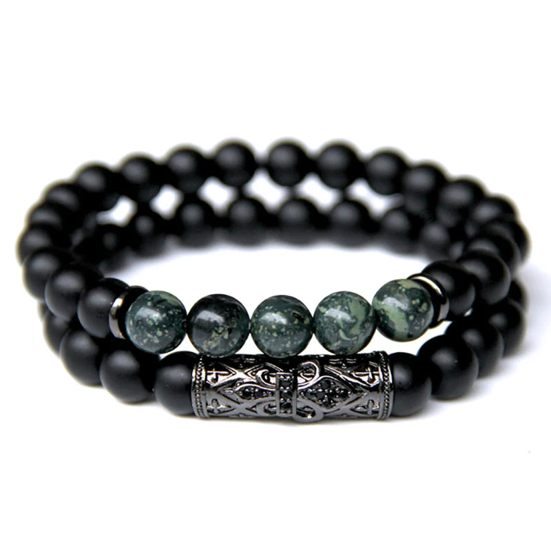 Fashion 2pcs Bead Bracelet Men Natural Tiger Eye Hematite Obsidian Beaded Bracelets Homme Energy Stretch Bracelet Men Jewelry