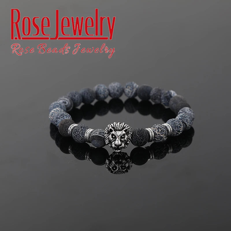 Men Bracelet Natural Stone Hematite Lava Beads Bracelet Gold Silver Color Lion Head Cown Charm Bracelet Jewelry for Women Men