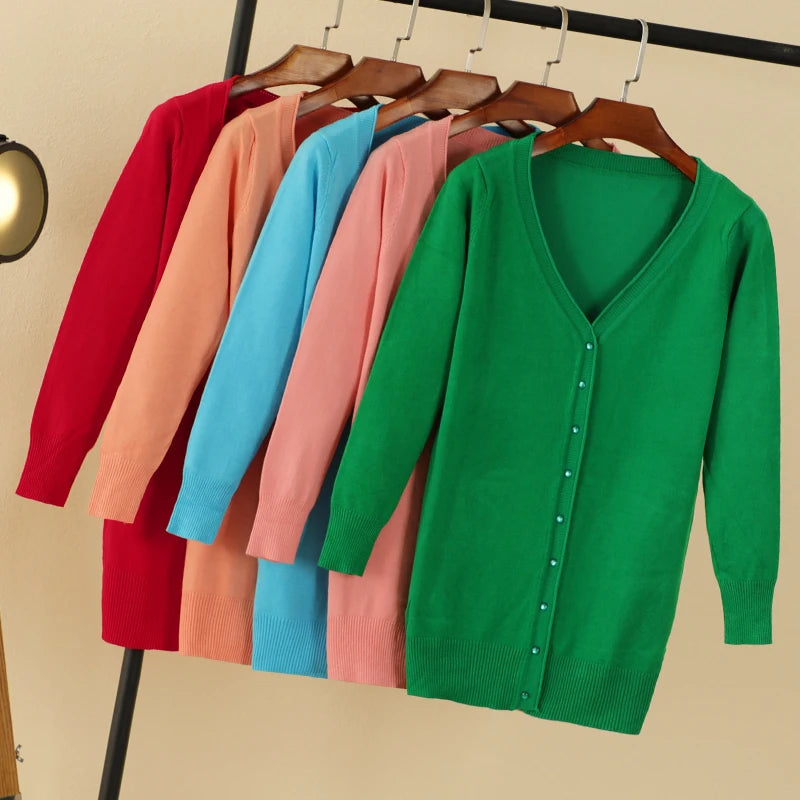 Outerwear V-neck Jersey Korean Fashion Style Cropped Blouses Long Woman Cardigan Knitted Ladies Sweaters Black Clothing Tricot