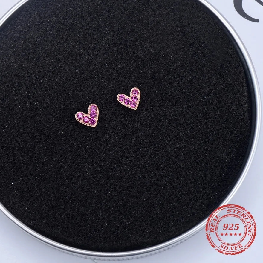 Tejesa 925 Sterling Silver Hearts Fashion Rose Gold Color Pink CZ Simple Stud Earrings For Women Sterling Silver Jewelry