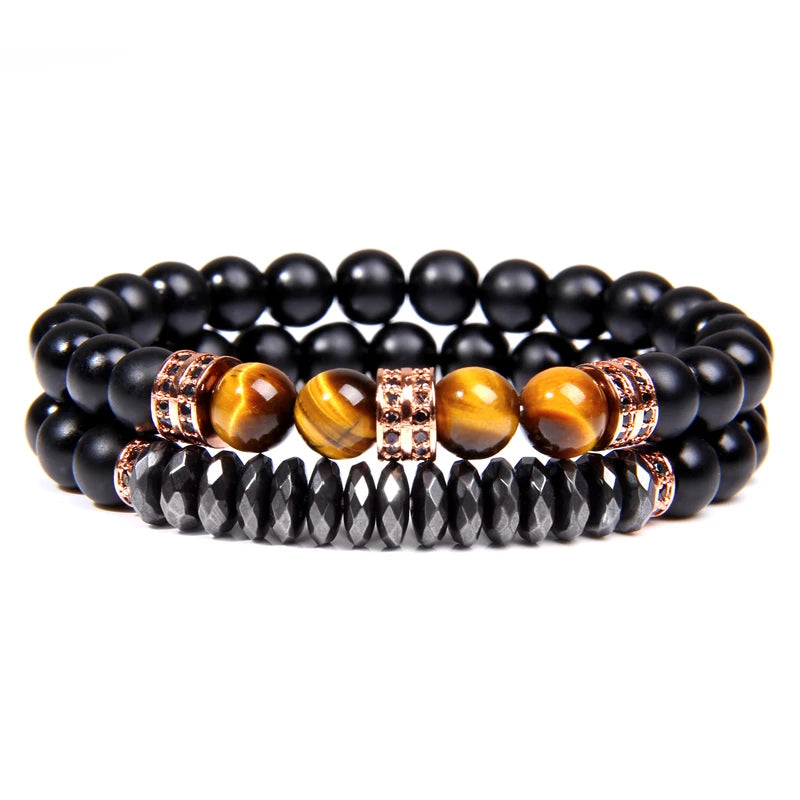 Fashion 2pcs Bead Bracelet Men Natural Tiger Eye Hematite Obsidian Beaded Bracelets Homme Energy Stretch Bracelet Men Jewelry