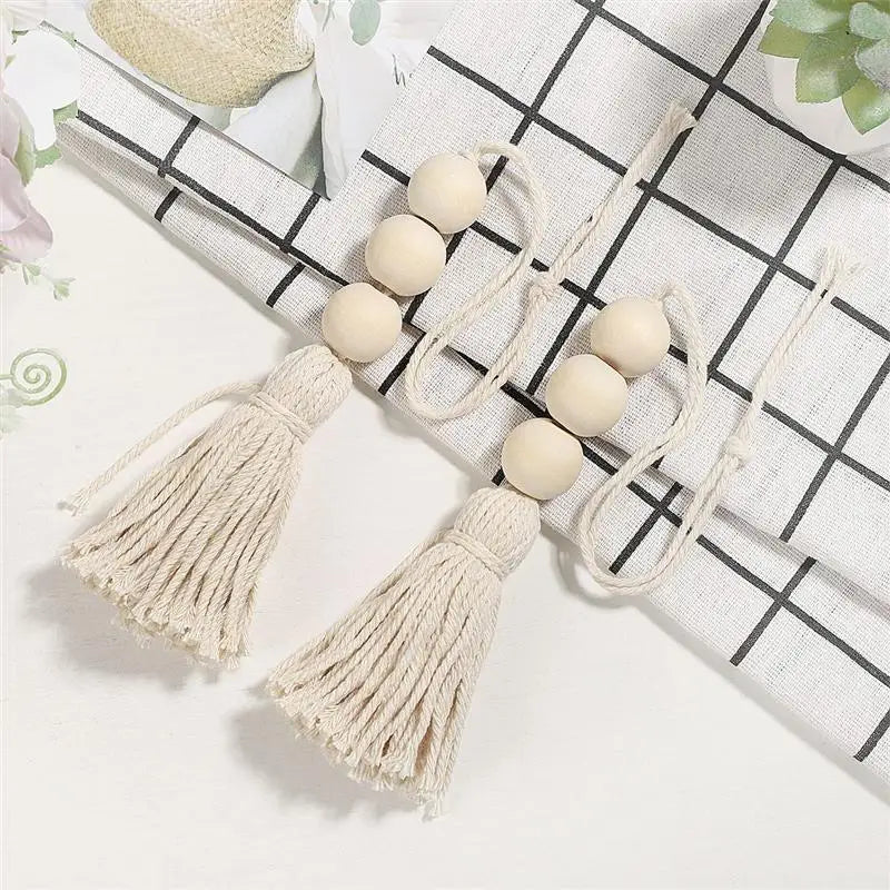 Hemasa 4pcs Cotton Tassel Beads Hanging Wood Beads