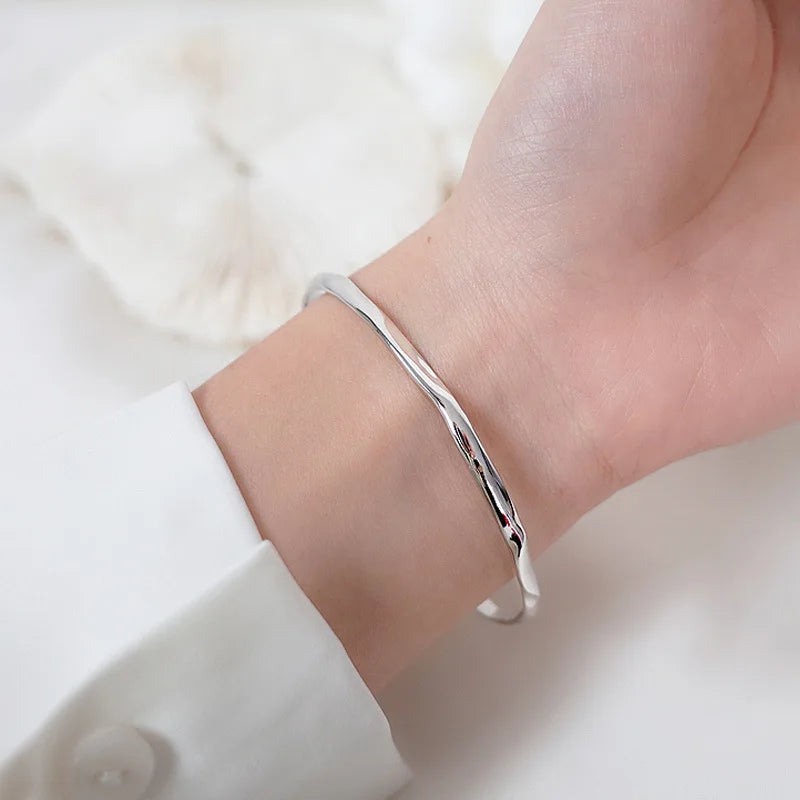 ANENJERY Silver Color Irregular Open Cuff Bracelet for Women Men High Polish Bangle Jewelry Adjustable