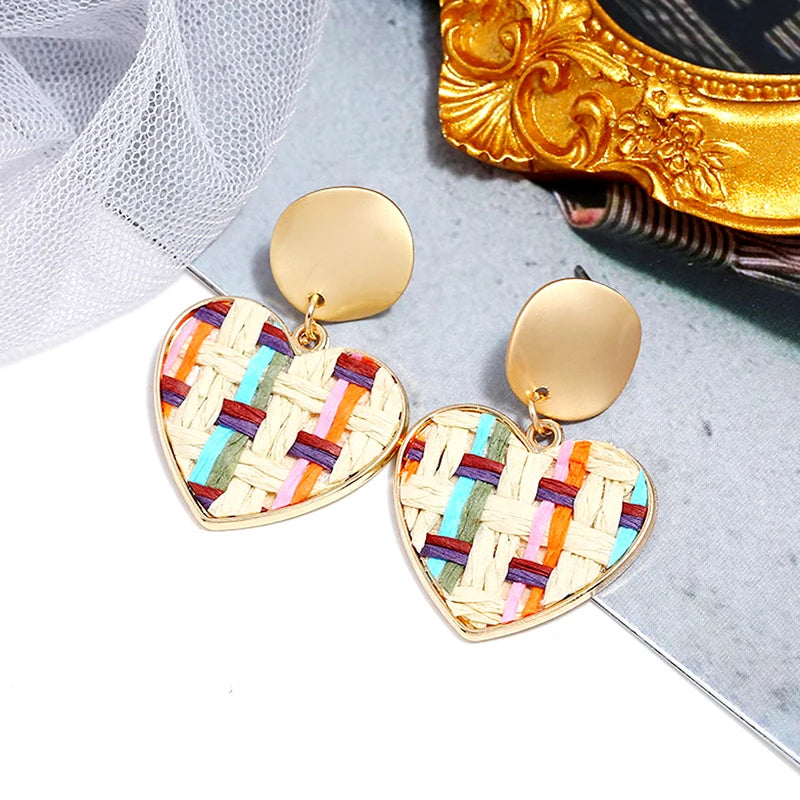 3Colors New Handmade Straw Woven Rattan Earrings 2020 For Women Grils Heart Pendant Earring Brincos Geometric Party Jewelry Gift
