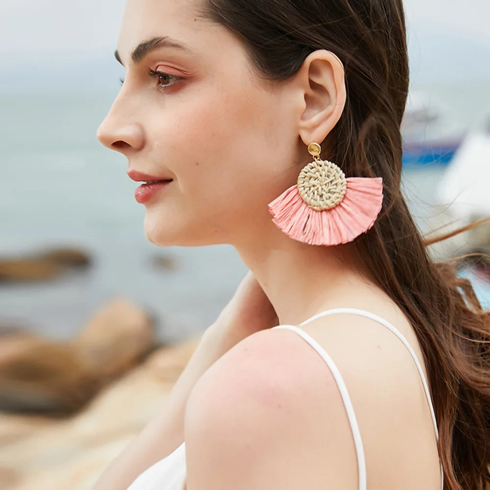 Tassel Earrings Bohemian Statement Drop Lafite Earring for Women Raffia Straw Handmade Earring Pendientes Mujer Moda 2023 Brinco