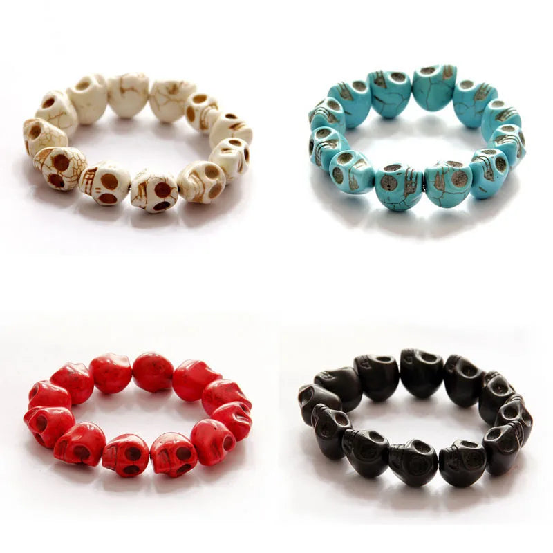 Natural Stone Men Women Skull Elastic Bracelet Lava Beads Tiger Eye Bangle