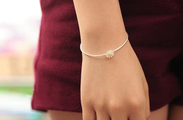 Personality New Art 925 Sterling Silver Jewelry Female Simple Bar sunflower High-quality Popular Open Bracelet