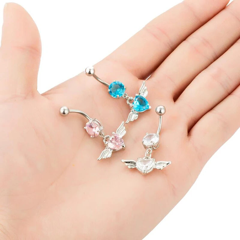 14G Heart Wing Crystal Navel Belly Button Ring Barbell Body Piercing Jewelry