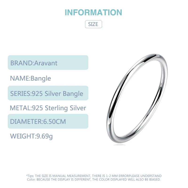 Aravant 925 Silver Simple Round Bangle For Men Women Fashion Jewelry
