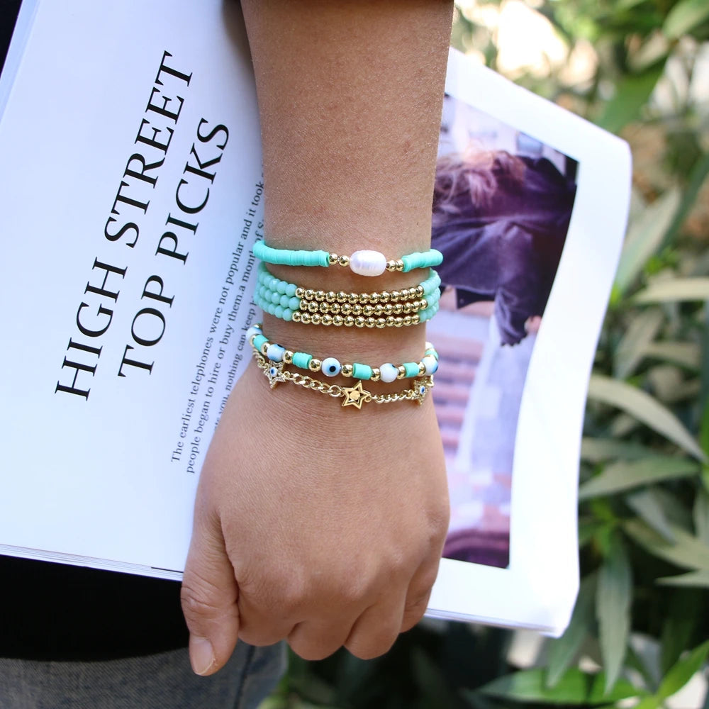 Hemasa Turkish CZ Star Eye Crystal Beaded Blue Polymer Clay Strand Stackable  Bracelet