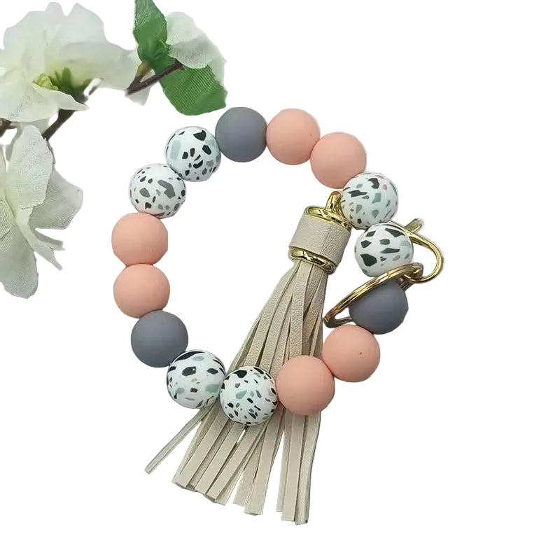 Silicone Round Beaded Bracelet Tassel Keychain Bag Pendant