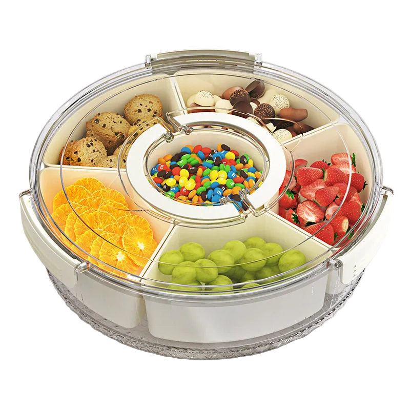 Six-compartment rotating fruit plate with handle sealed moisture-proof dried fruit plate portable household round snack box with lid