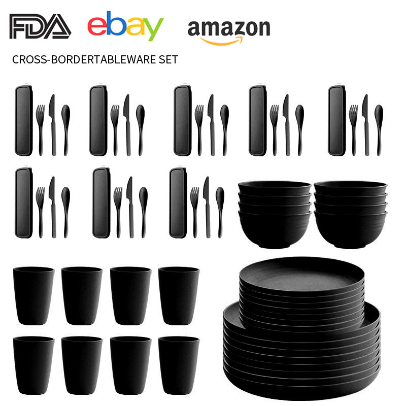 Cross-border Amazon Wheat Straw Tableware suit Black Plate Bowl Cup Knife and Fork Spoon Portable Tableware Bowl Plate suit