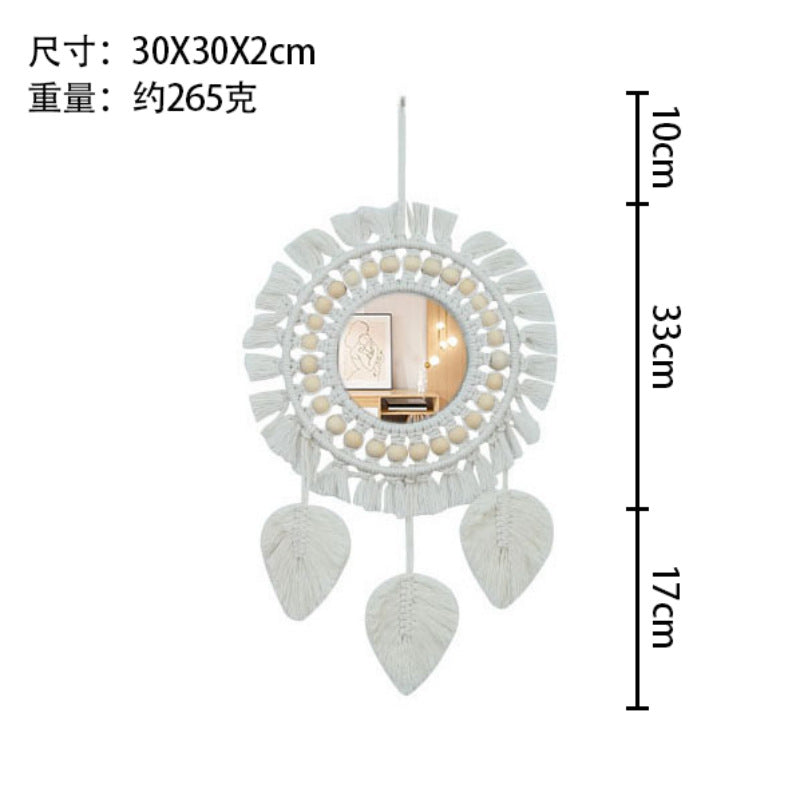 Nordic Mirror Decoration Bohemian Style Woven Handmade Cotton Thread Wooden Bead Tapestry Mirror Bedroom Vanity Mirror Ins Style