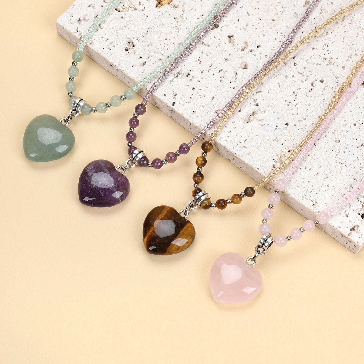 Cross-Border Natural Stone Necklace, Love Pendant, Personalized Jewelry, Heart-Shaped Rose Quartz, Amethyst, Tiger Eye, Lapis Lazuli Accessories Necklace