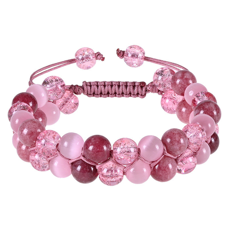 Cross-Border European and American Fashion Garnet Cat's Eye Stone Double-Row Bracelet Natural Stone Beaded Double-Layer Braided Bracelet Women's Jewelry