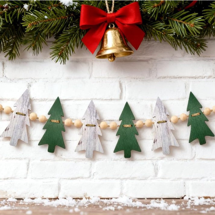 Farmhouse Felt Christmas Tree Wooden Beads Garland Hanging Decorations Banner for Mantel Fireplace Home Room