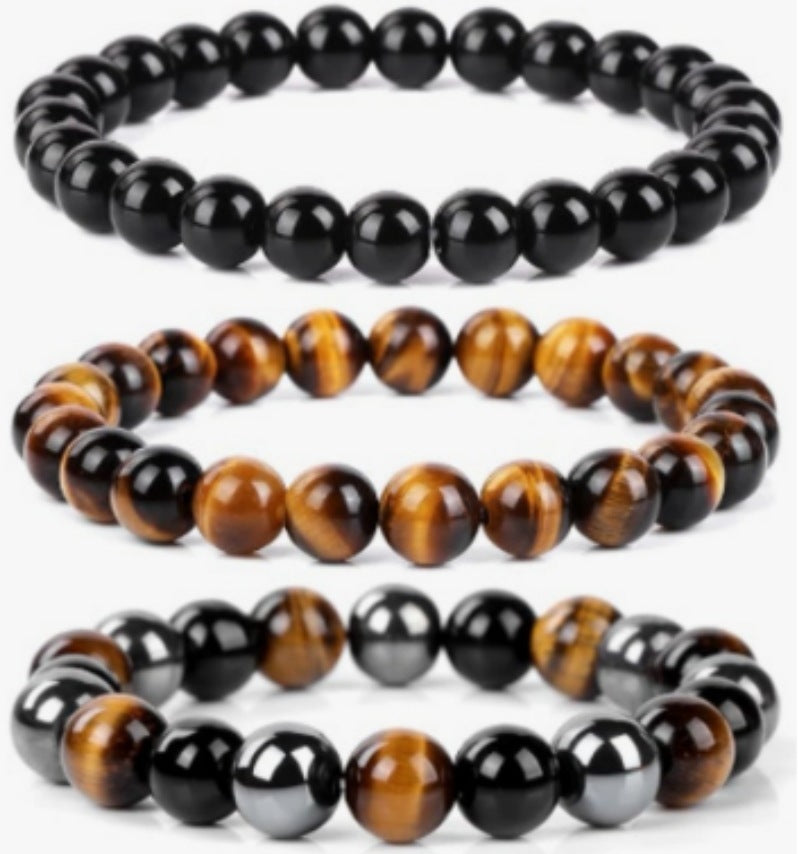 Popular Amazon European and American Men's Fashion Set, Stylish Tiger Eye Volcanic Stone Bracelet, White Pine Snowflake Bracelet, Versatile Accessories