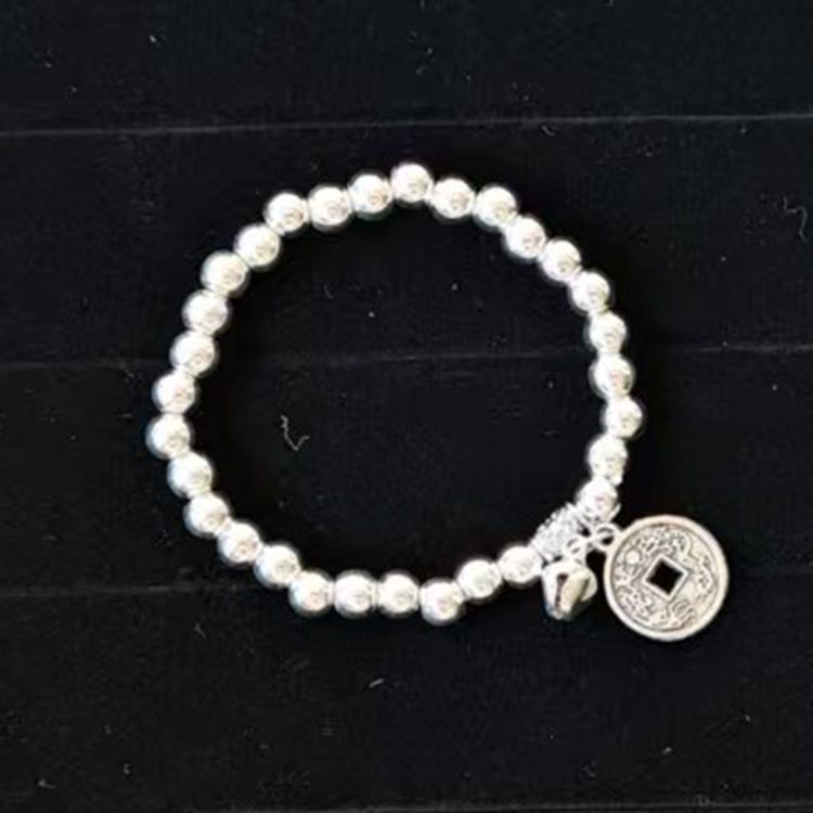 Beaded Lucky Cat Bracelet, Silver-Plated Bracelet with Round Beads, Elastic Cord Handmade Beaded Bracelet from Yunnan, Guizhou, and Sichuan, Auspicious Elephant Bell