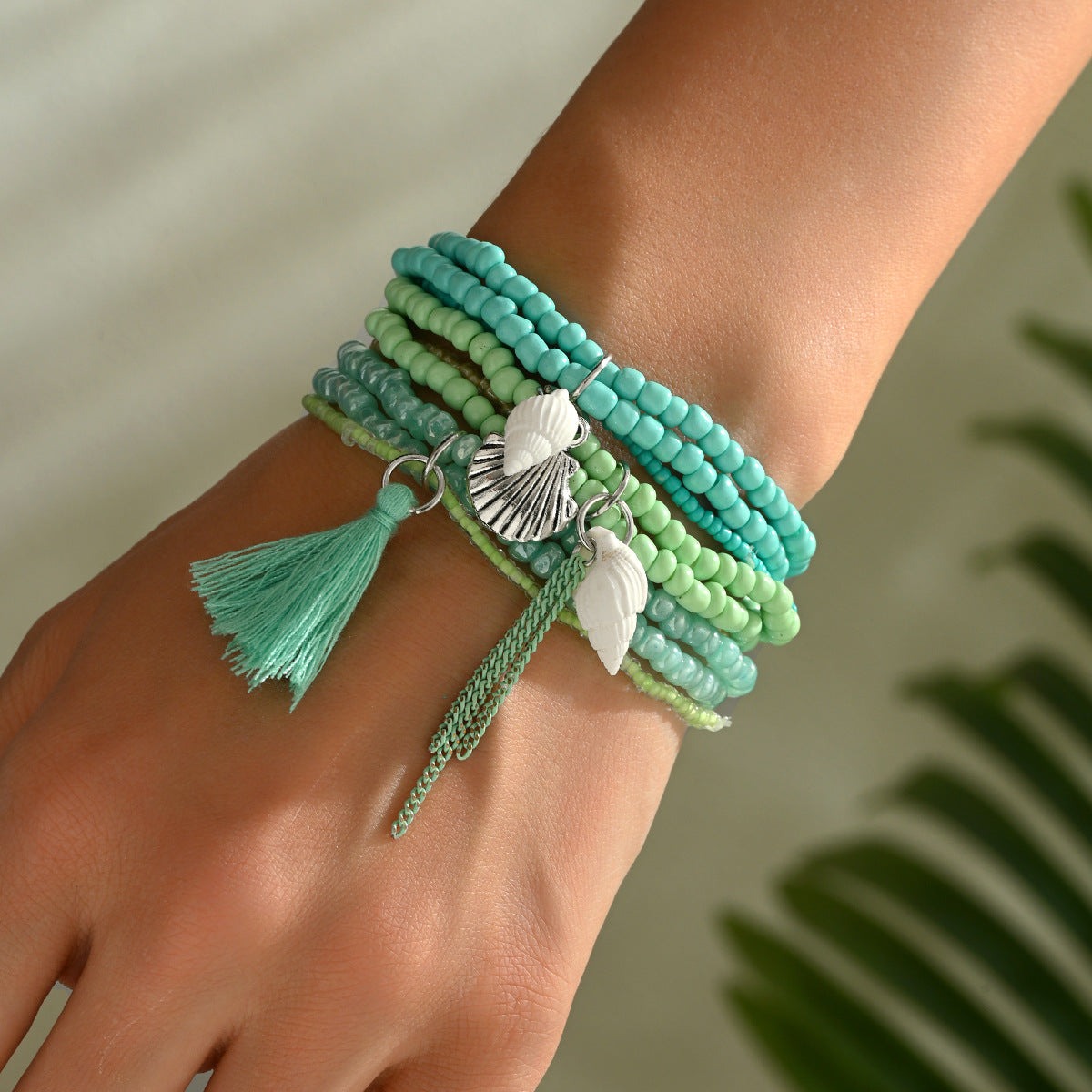 Ocean Style Small Whale and Turtle Pendant Glass Rice Beads Multi-Layer Bracelet Design Shell Rice Beads Stacked Bracelet