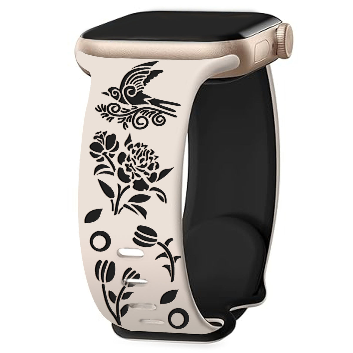 Iwatchs11 Laser-Engraved Silicone Butterfly Buckle Bird and Flower Watch Strap 8-Shaped Buckle Two-Color Watch Strap