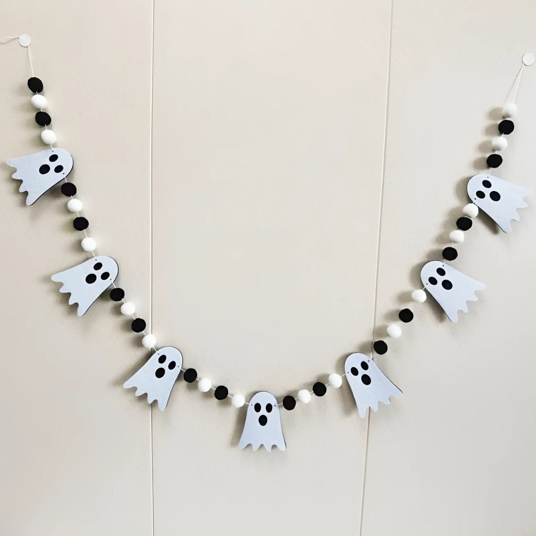 Halloween Garland Ghost Felt Hairball Wooden Bead Banner Halloween Fireplace Cape Window Home Party Decoration