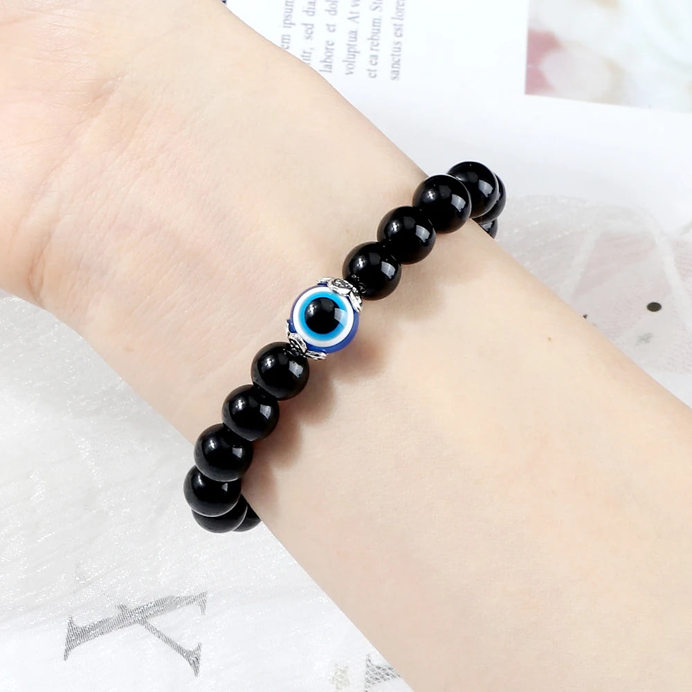 8mm White Cat Eye Stone Beads Evil eye Bracelet Men Tiger Eye Black Beads Turkish style Strand Bracelet For Women female Jewelry