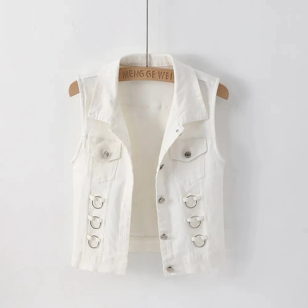 Hemasa White Black Denim Vest Jacket   Short Ladies Coat / Sleeveless Outwear Female Casual Jeans Waistcoat Cardigan Tops