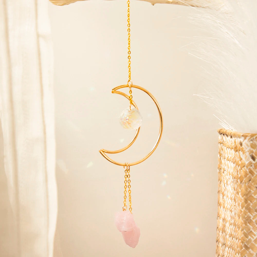 Hemasa Suncatcher Crystal Prism Moon Hanging Decor Boho Home Decoration Pink Stones Sun Catcher