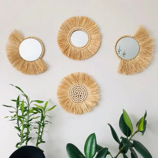 INS Moroccan Wood Bead Straw Woven Mirror Wall Ornaments Living Room Background Bedroom Mirrors Boho Homestay Home Decor Crafts