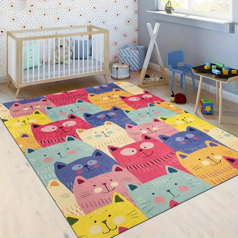 Hemasa Cute Cartoon Cat Pattern, Hippie, Large Size Area Rug, Sofa Coffee Table Rug Home Soft Area Rug, Teens Bedroom Decor Floor Mat