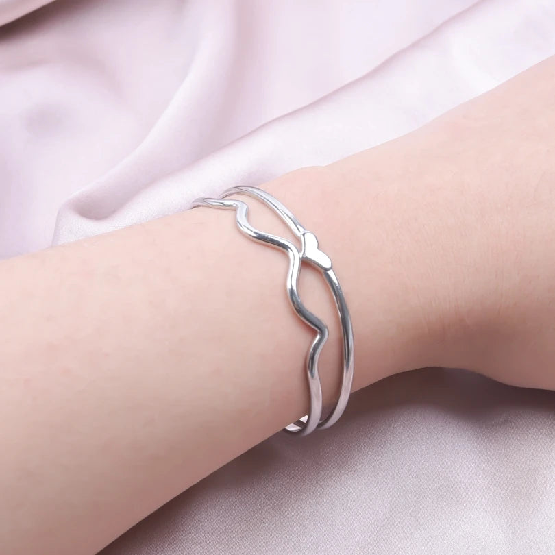 Minimalist Stainless Steel Line Wave Heart Double Layer Open Bracelet Charm Date Party Jewelry Gift Bracelets for Women Bangle