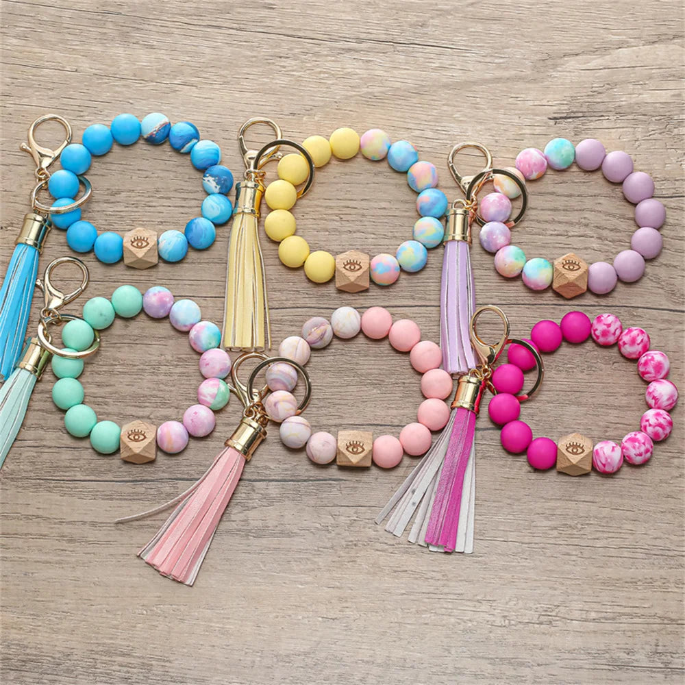 New Colorful Silicone Bead Bracelet PU Tassel Keychain Leopard Pattern Bracelet Beads Wearing Tassel Anti Loss Bracelet Keyring