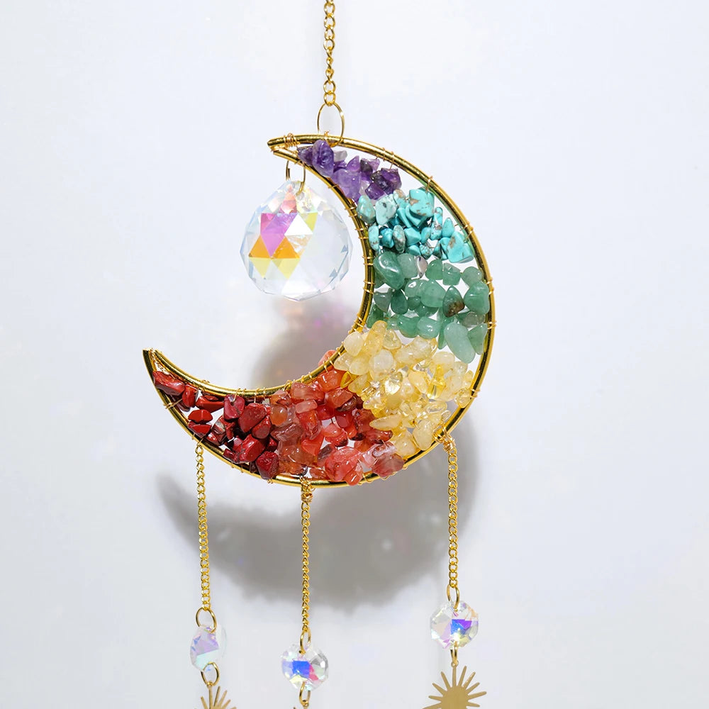 Natural Crystal Gravel Stone Moon Sun Catcher Star Rainbow Window Garden Decoration Reiki Healing Gemstones Windchime Wall Decor