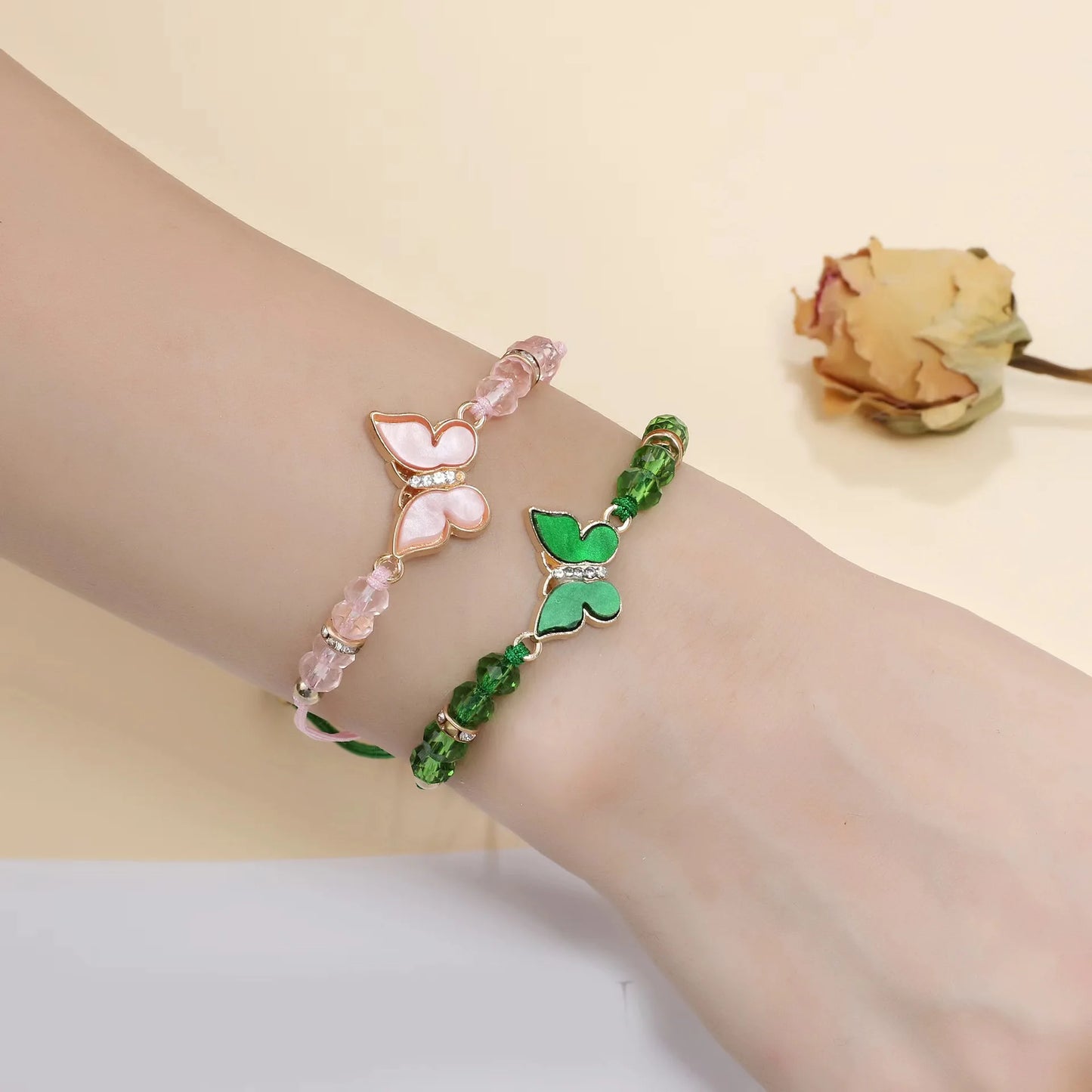 12 Pieces Fashionable Multi-Color Crystal Butterfly Beaded Bracelets For Women's Minimalist Hand Woven Bracelets