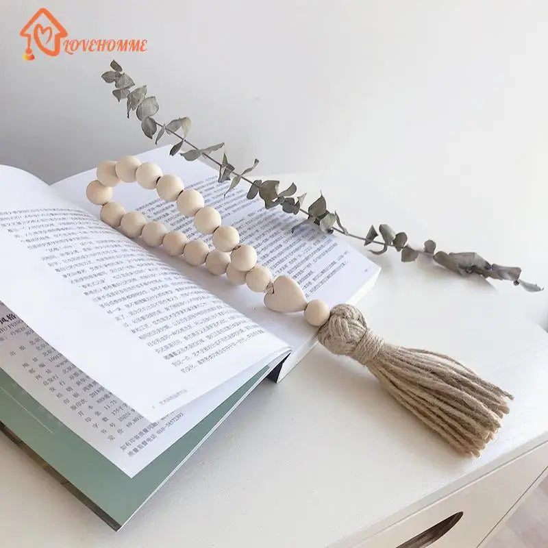 1Pc Log Color Wood Bead Garland Rustic Wall Hanging Hemp Rope Tassel Beaded with Heart Knot Woven Pendant Home Decoration