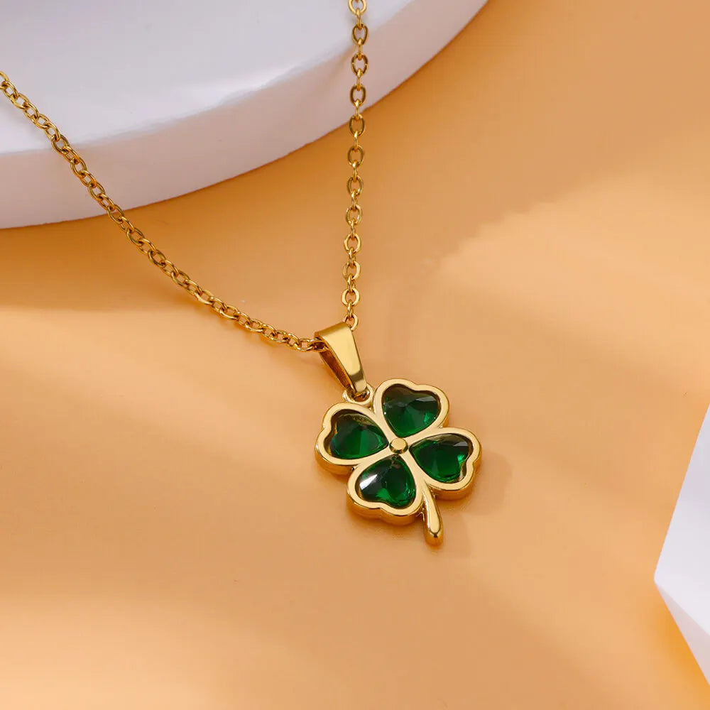 Hemasa White Zircon Four Leaf Clover Pendant Stainless Steel Necklaces For Women Aesthetic Chain Necklace Christmas Gift For Women